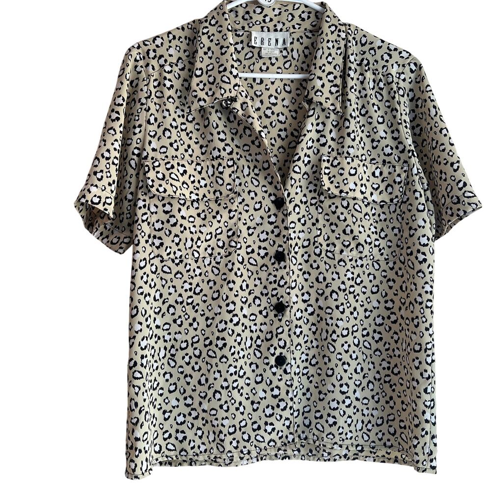 Vintage 90's Erena Leopard Print Button-Up Blouse Size 6